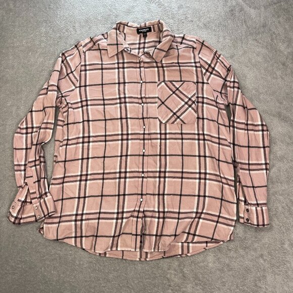 Express Top Large Pink Plaid Flannel Boyfriend Fit Button-Front Shirt Women's - Picture 1 of 14